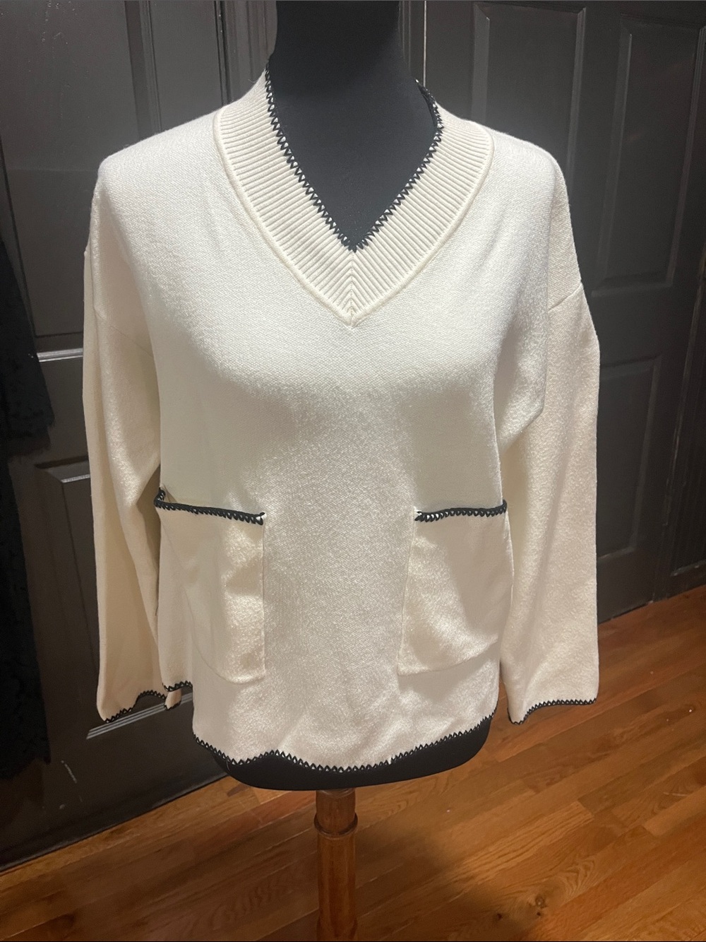 Fate Cream V-Neck Sweater with Black Trim